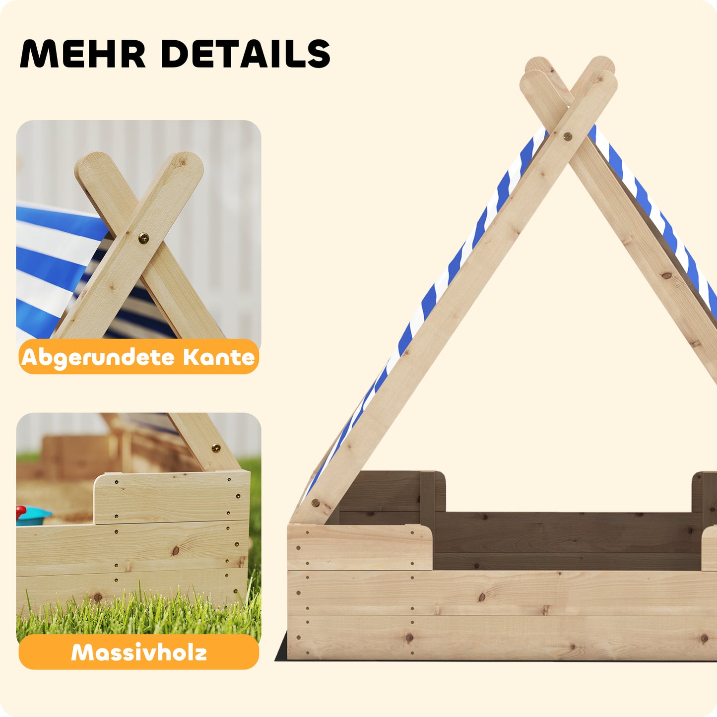 AIYAPLAY Sandkiste für Kinder, Sandkasten mit wetterfestem Zeltdach, für 3 Kinder im Alter von 3-6 Jahren, 120 x 120 x 126,5 cm