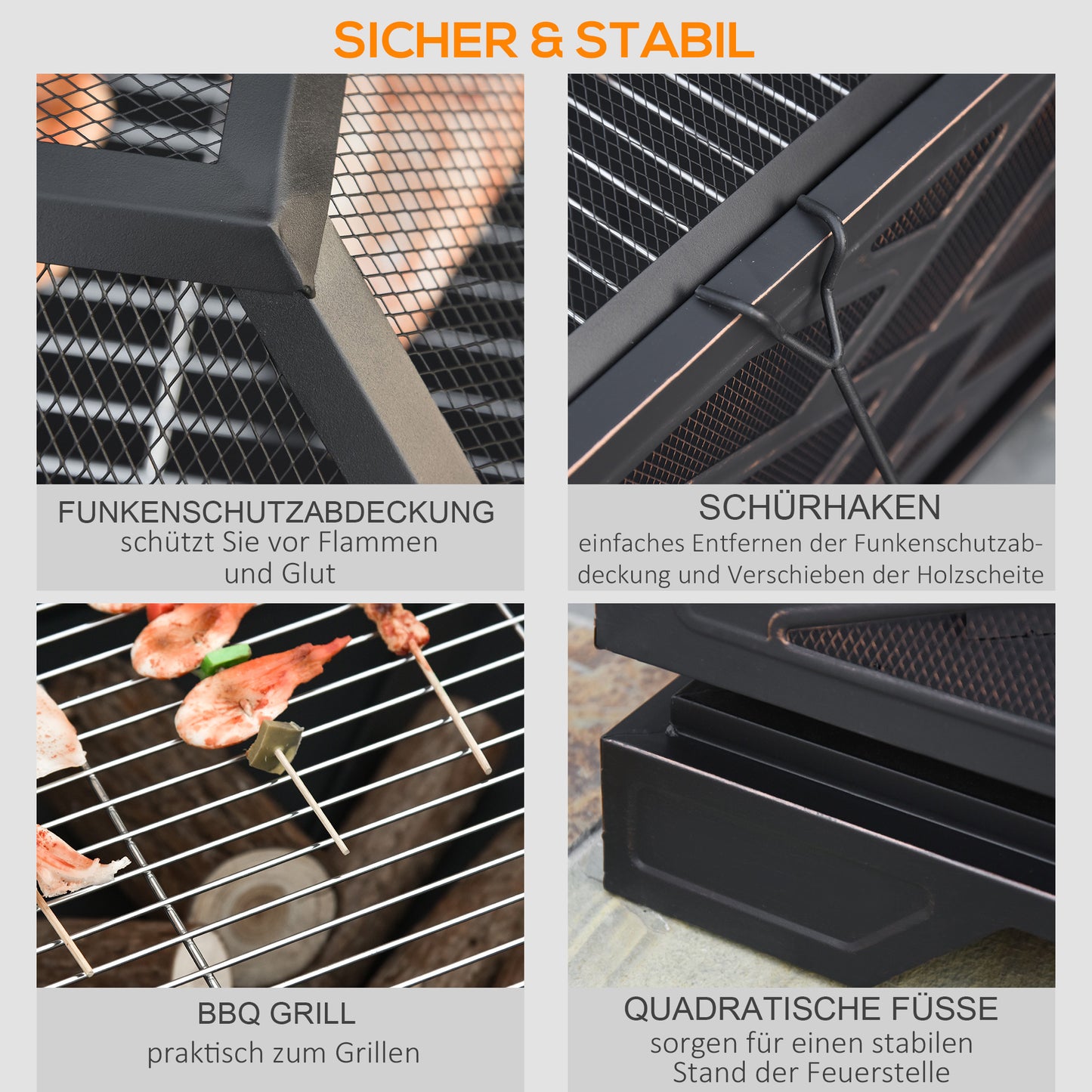 Outsunny Feuerschale mit Funkenschutz, Grillrost, Schürhaken, quadratisch, Stahlgehäuse, schwarz, 66 x 66 cm