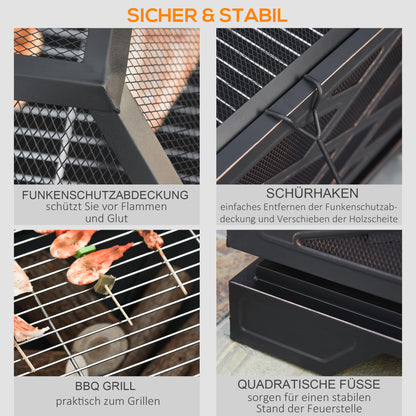 Outsunny Feuerschale mit Funkenschutz, Grillrost, Schürhaken, quadratisch, Stahlgehäuse, schwarz, 66 x 66 cm