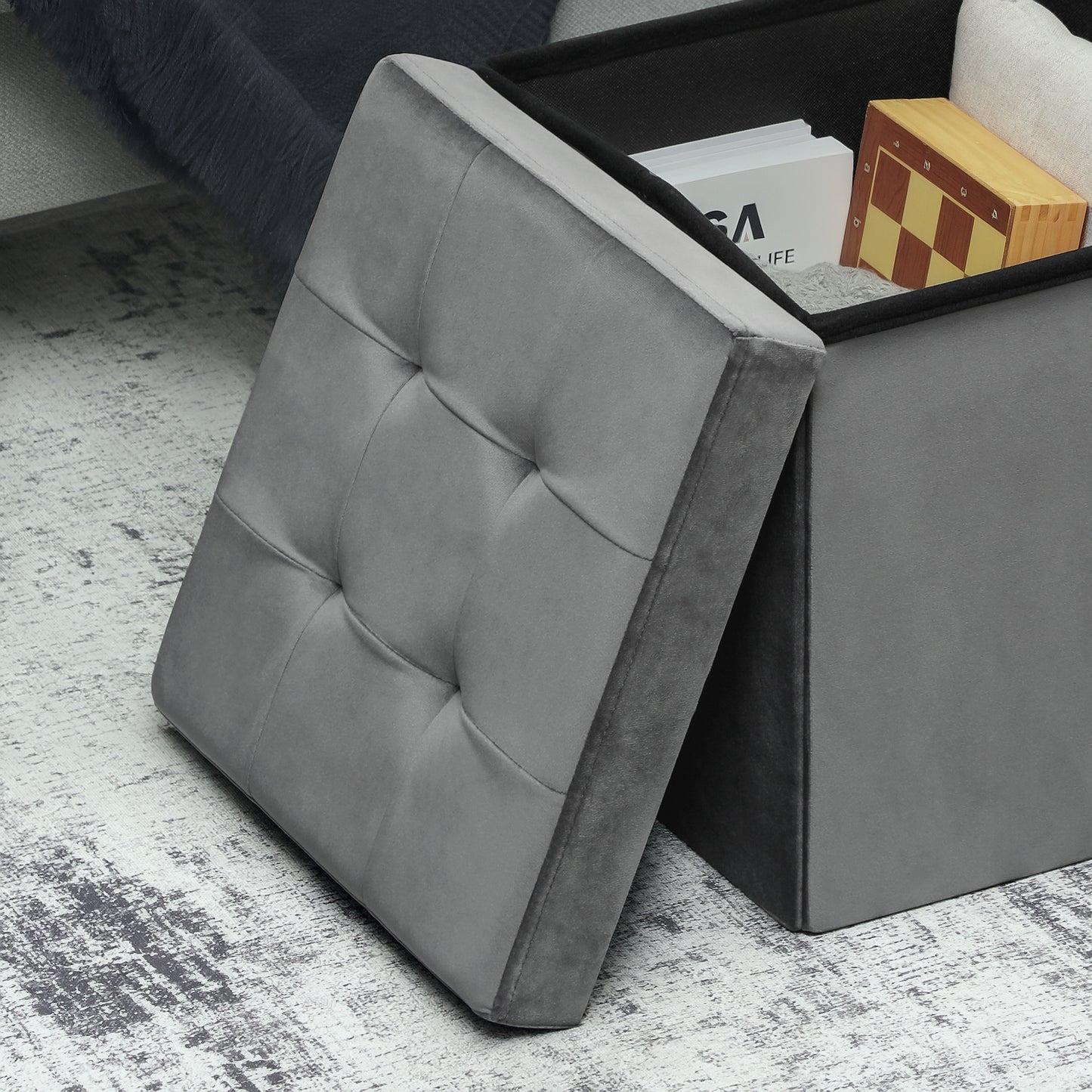 HOMCOM Klappbarer Sitzhocker mit Stauraum, Aufbewahrungsbox, Schaumstoff, MDF, Grau