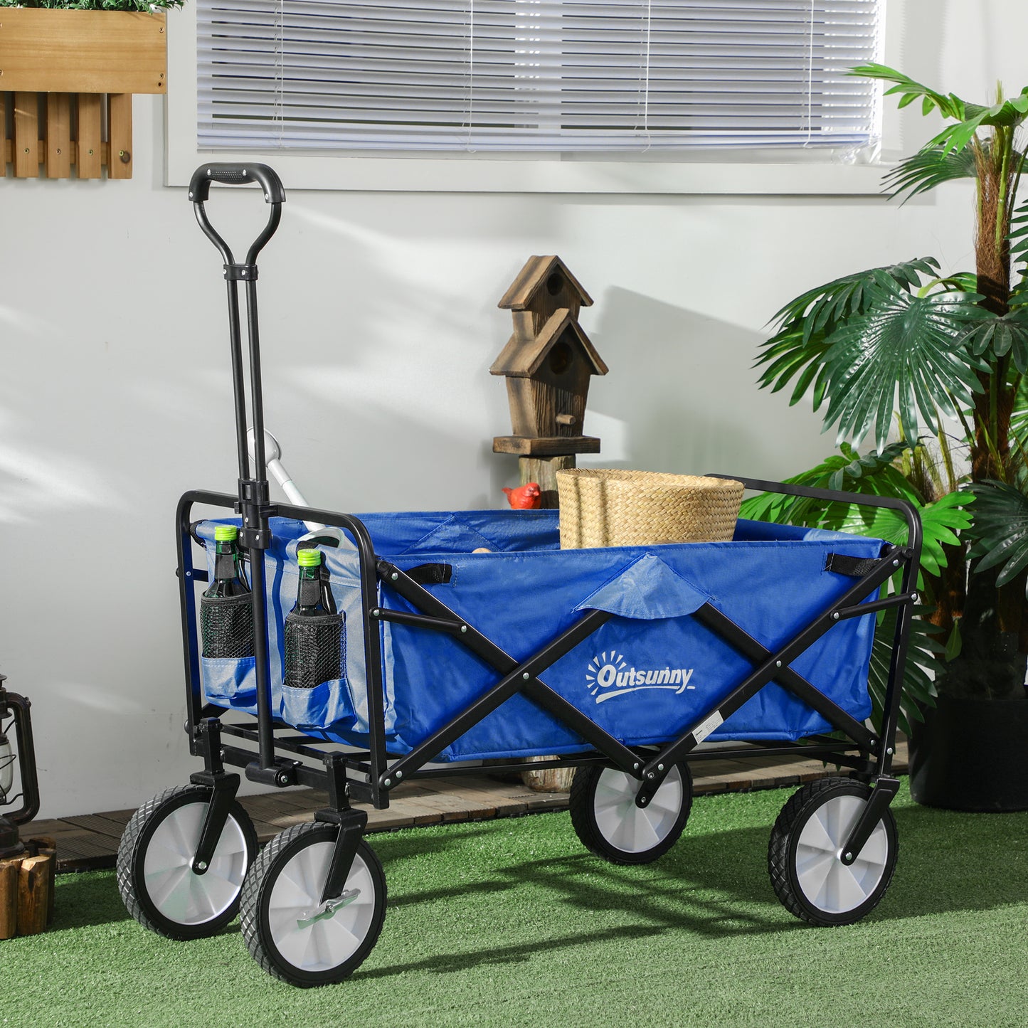 Outsunny Bollerwagen Handwagen mit faltbar Bremsen Verstellbarem Griff Transportwagen 68 KG Belastbar, Strandwagen Gartenwagen für Strand Garten Einkauf Shopping
