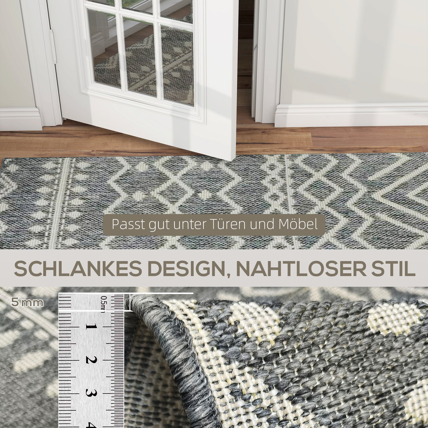 HOMCOM Teppich für drinnen und draußen, Boho-Design, leicht zu reinigen, Grau
