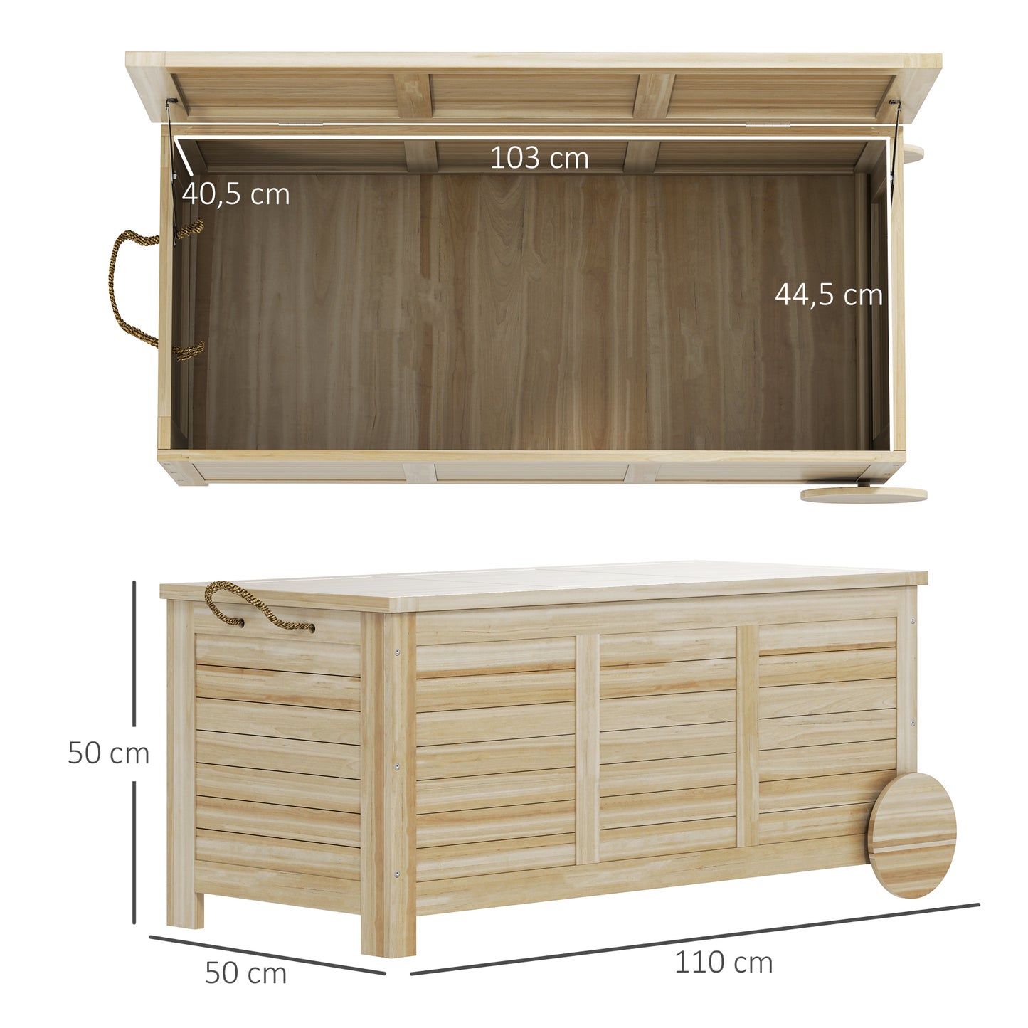 Outsunny 185 L Außenlagerbox, Lagerkiste mit Rädern, wetterbeständig, Tannenholz, 110 x 50 x 50 cm, Hellbraun