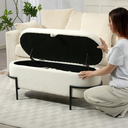 HOMCOM Aufbewahrungs-Hocker, Sitzhocker mit Deckel und Stauraum, Stahlbeine, Polsterhocker mit Fleece-Bezug, Cremeweiß