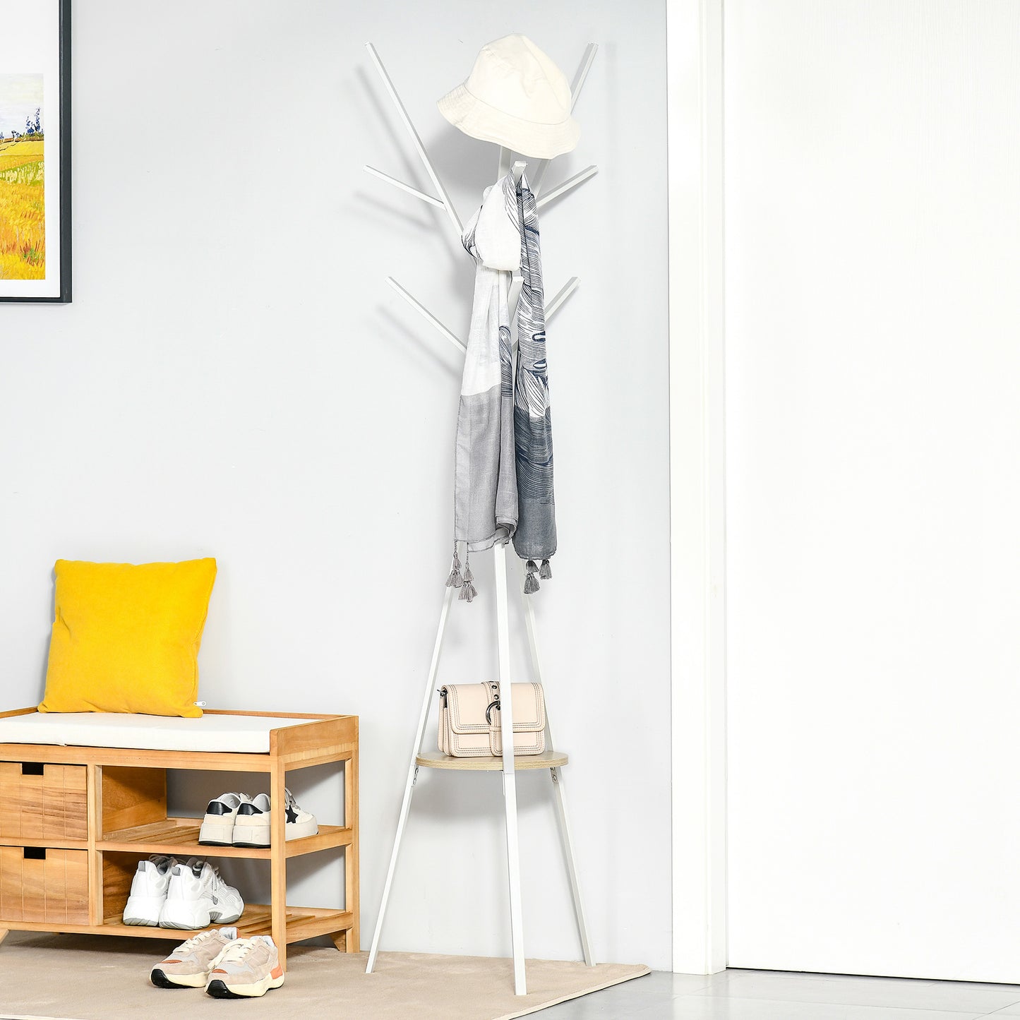 HOMCOM Garderobenständer Kleiderständer mit Ablage und 8 Haken Jackenständer Moderner Garderobe für Kleidung Hut Tasche, Wohnzimmer, Weiß