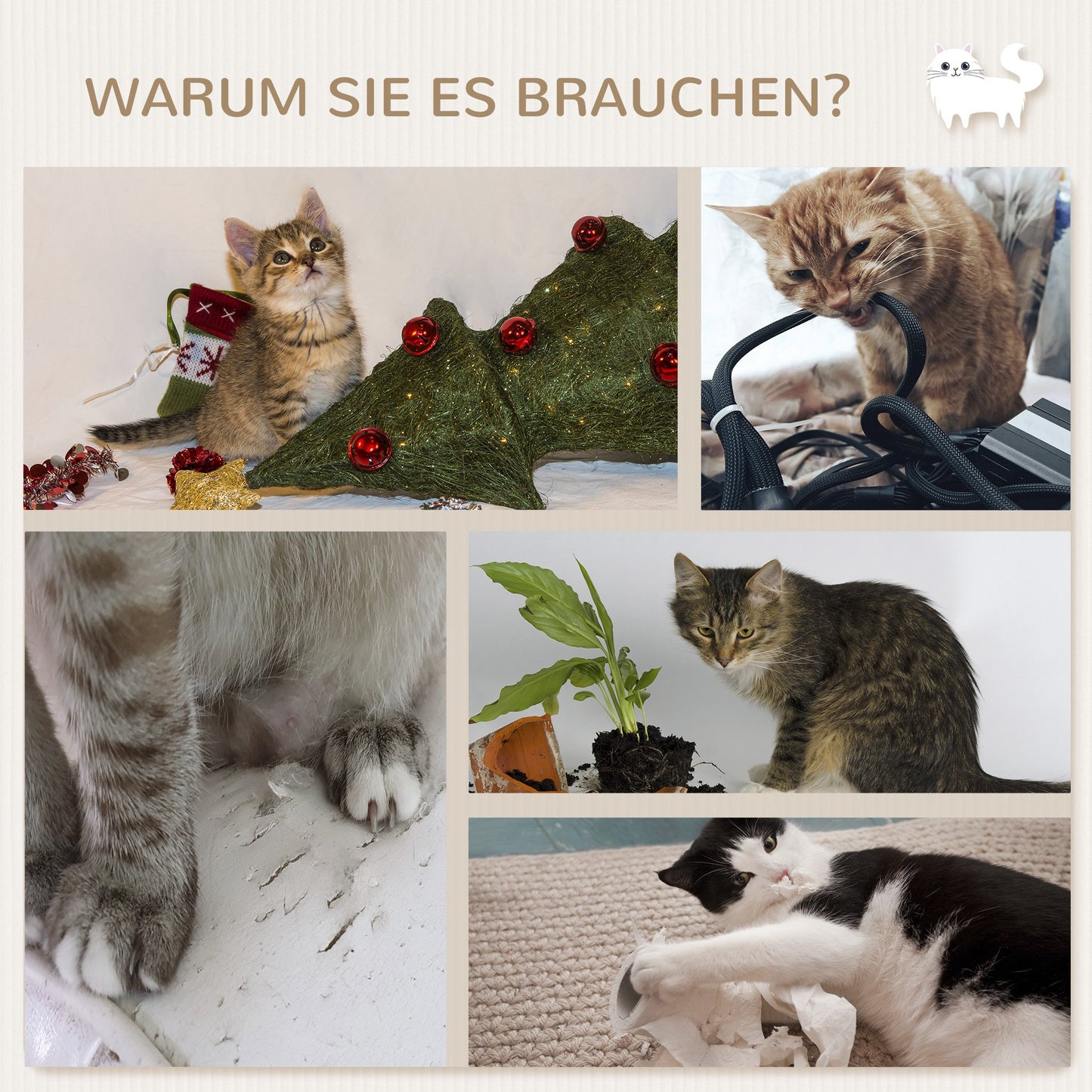 PawHut Kletterwand-Set für Katzen, 4-teilig, mit Katzentreppe, Hängematte, Plattform und Kratzbaum, Beige