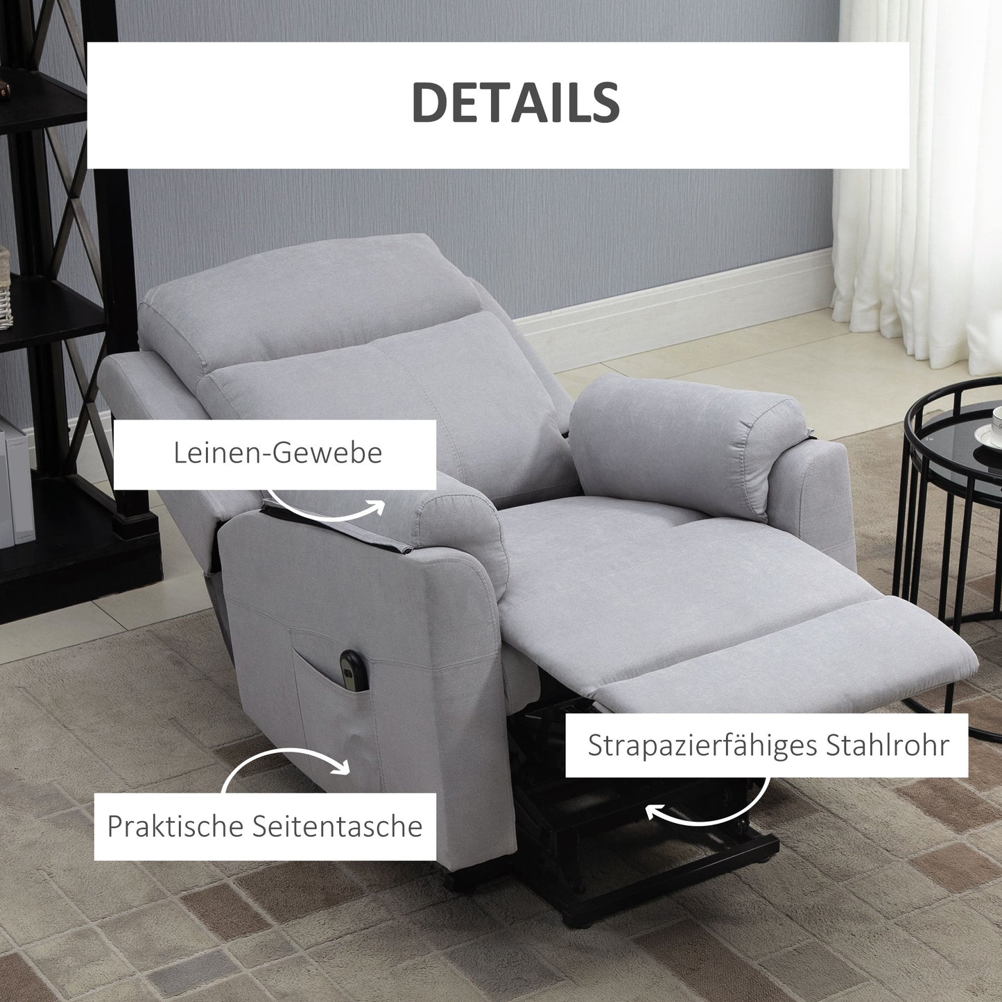 HOMCOM elektrischer Aufstehsessel Sessel mit Aufstehhilfe für Senior Relaxsessel TV Sessel mit schlaffunktion und aufstehhilfe Fernsehsessel Liegefunktion Leinen-Touch Hellgrau 83 x 89 x 102 cm