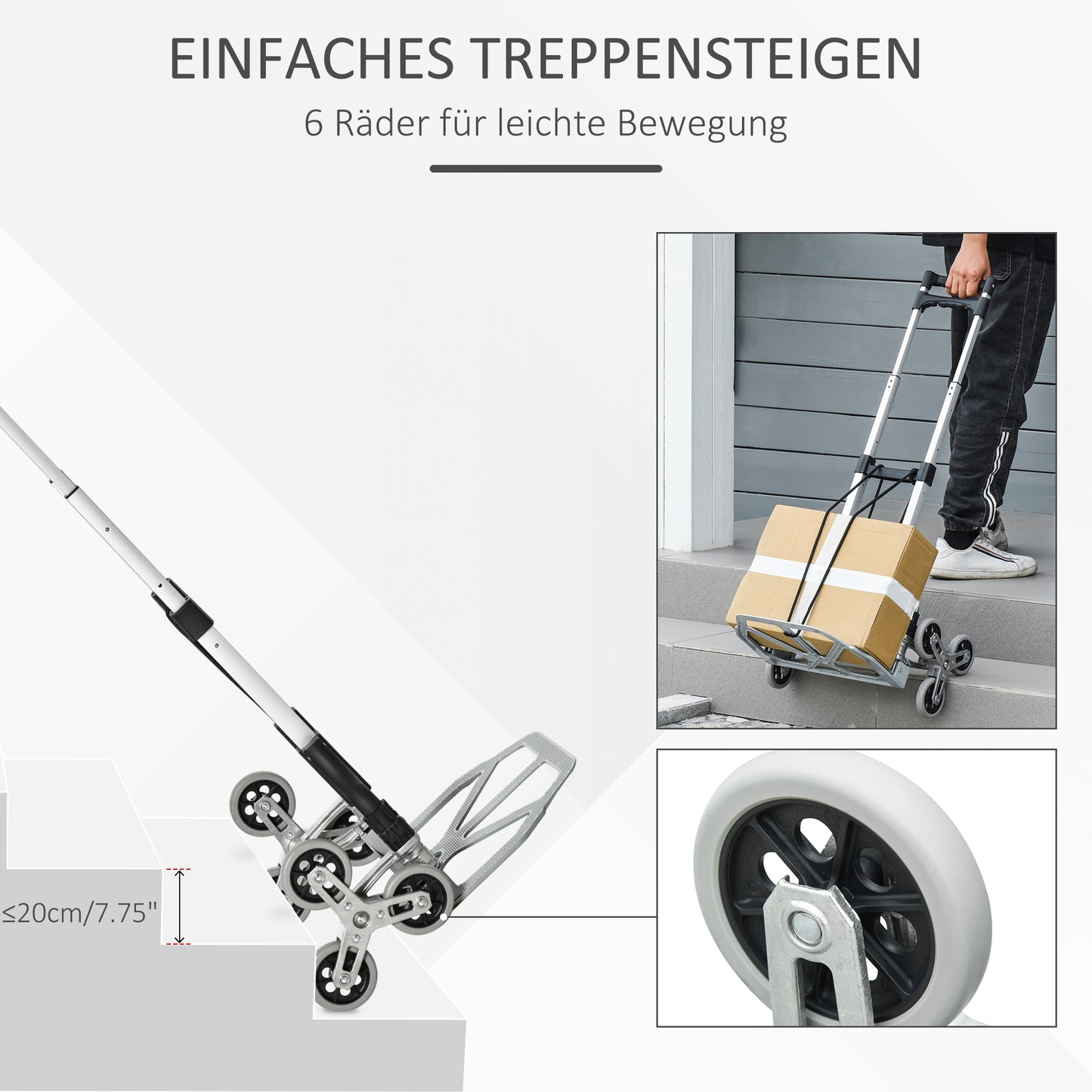 DURHAND Klappbarer Treppensteiger mit 6 Rädern, inkl. Befestigungsgurt, automatische Klappfunktion, Silber + Schwarz