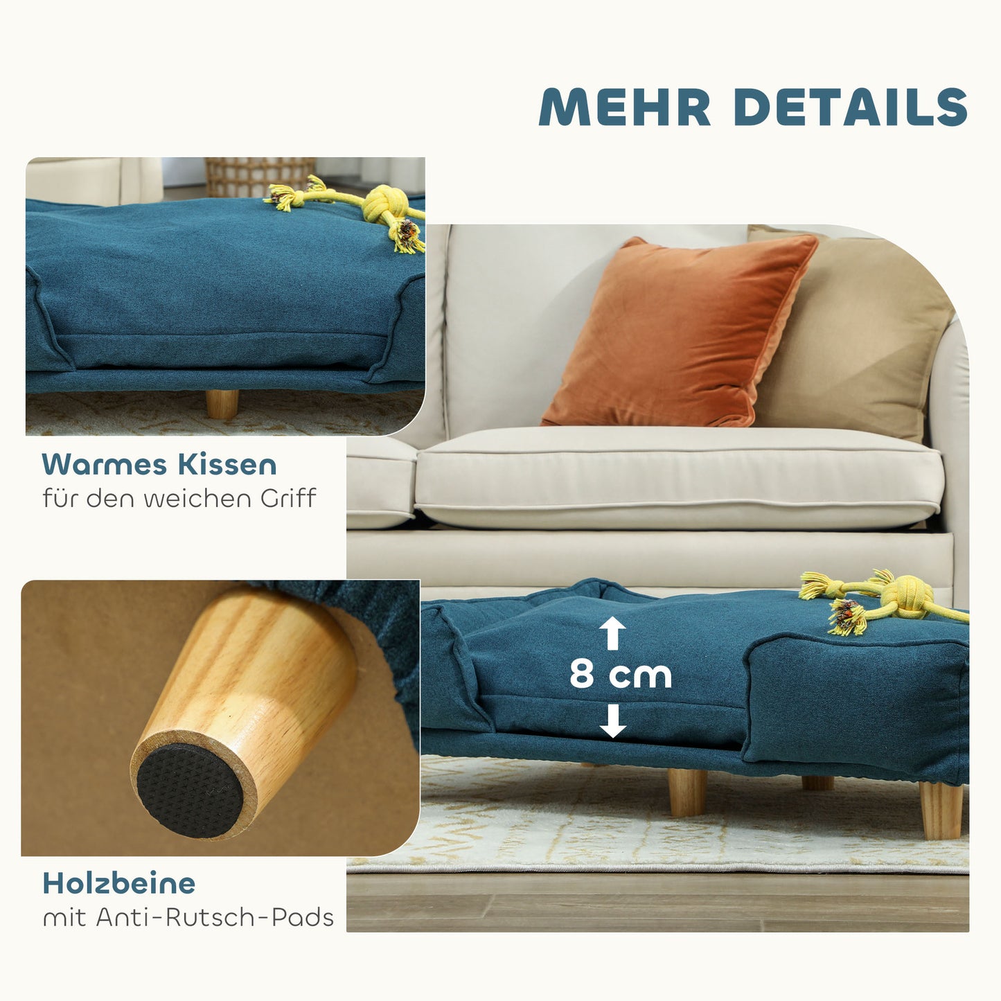PawHut Hundesofa, Haustiersofa, Haustierbett, abnehmbares u. waschbares Polster, Natur+ Dunkelblau