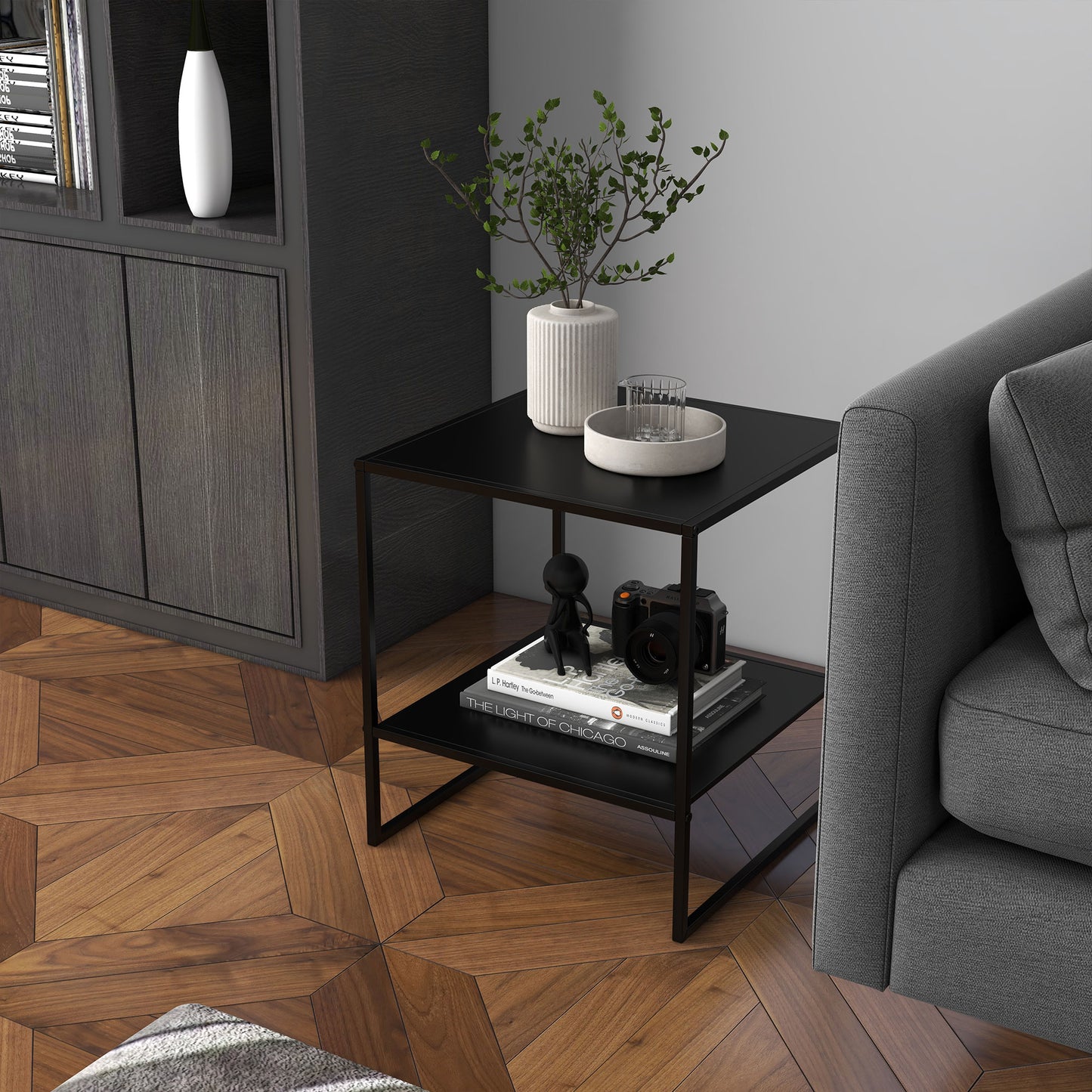 HOMCOM Beistelltisch im Industriedesign Couchtisch Nachttisch, 1 Ablage, Schwarz