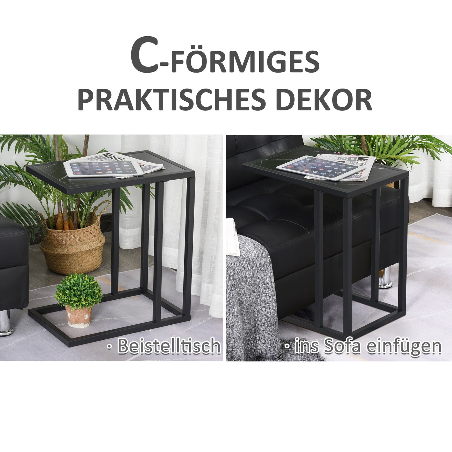 HOMCOM Beistelltisch, C-förmig, platzsparend, Nachttisch/Couchtisch, Marmoroptik, 45 x 30 x 51,5 cm
