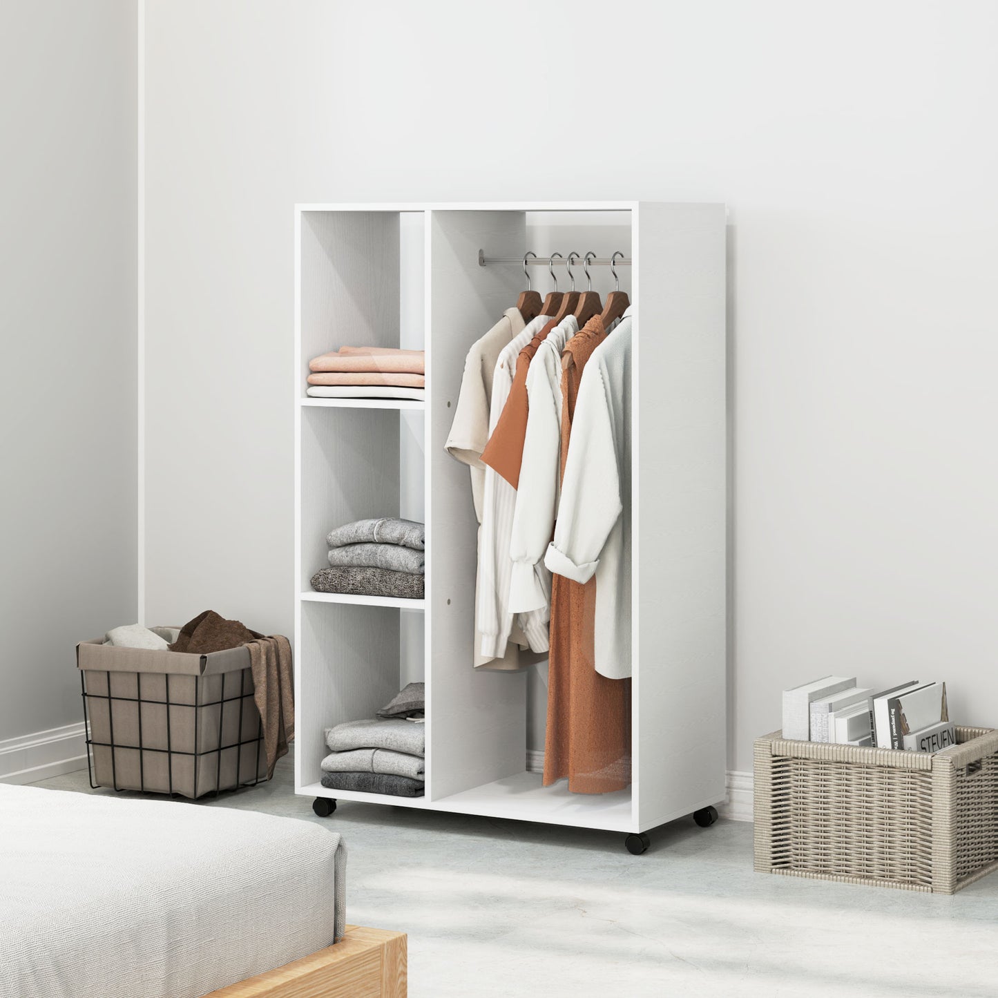 HOMCOM Kleiderschrank auf Rollen, mobile Garderobe, Garderobenschrank, Rollbarer Kleiderständer, 80 x 40 x 128 cm, Weiß