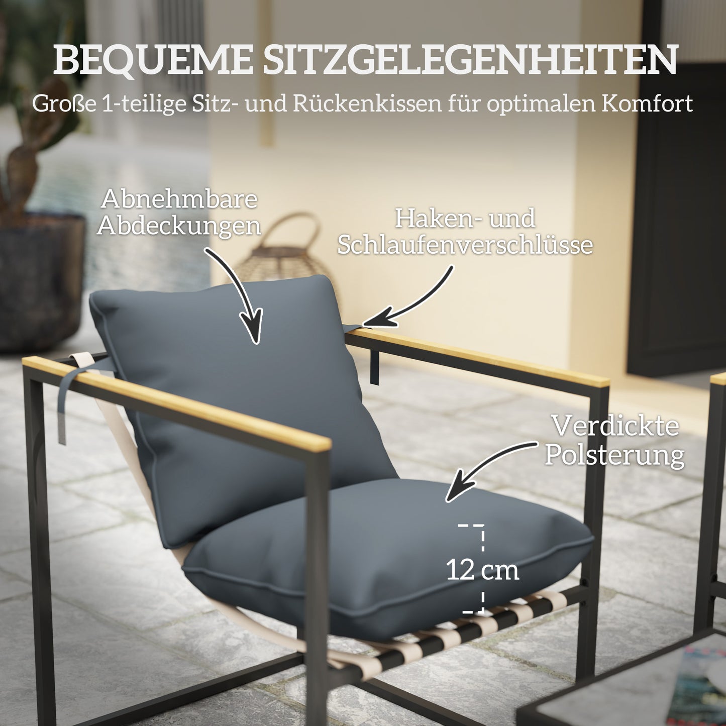 Outsunny 4-teiliges Gartenmöbelset, Outdoor-Möbel-Set, 2 Sessel, 2er Sofa, 1 Tisch, gepolstert, Stahl, Polyester, Grau