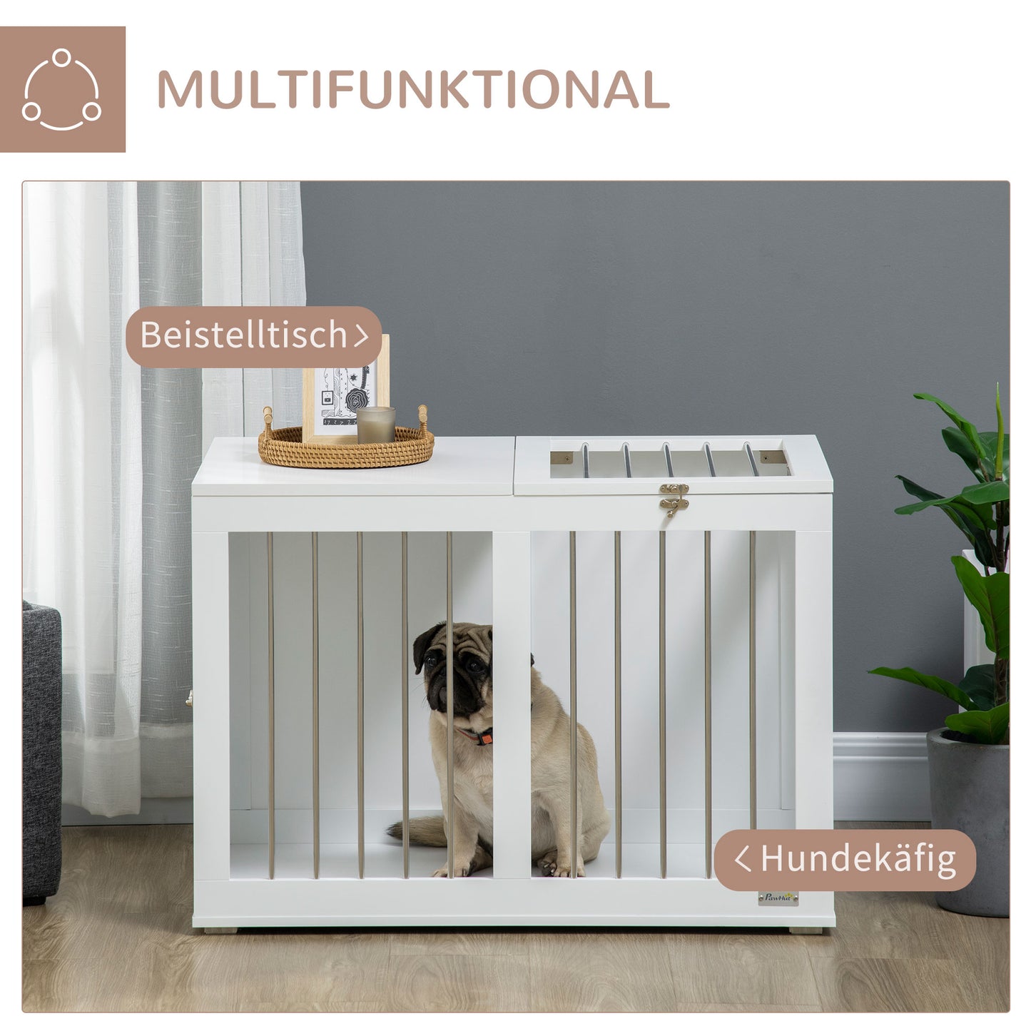 PawHut Hundekäfig mit 2 Türen, Hundebox, verriegelbar, Stahlgitter, 80 cm x 50 cm x 56,5 cm, Weiß + Silber