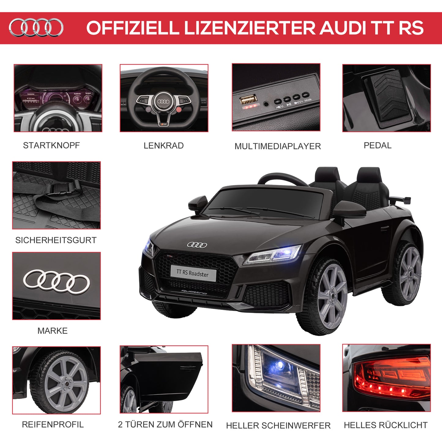 HOMCOM Kinder-Elektroauto Audi, mit 2,4G Fernbedienung, Musik, Hupe, LED, USB, für Kinder 3-5 Jahre, Schwarz