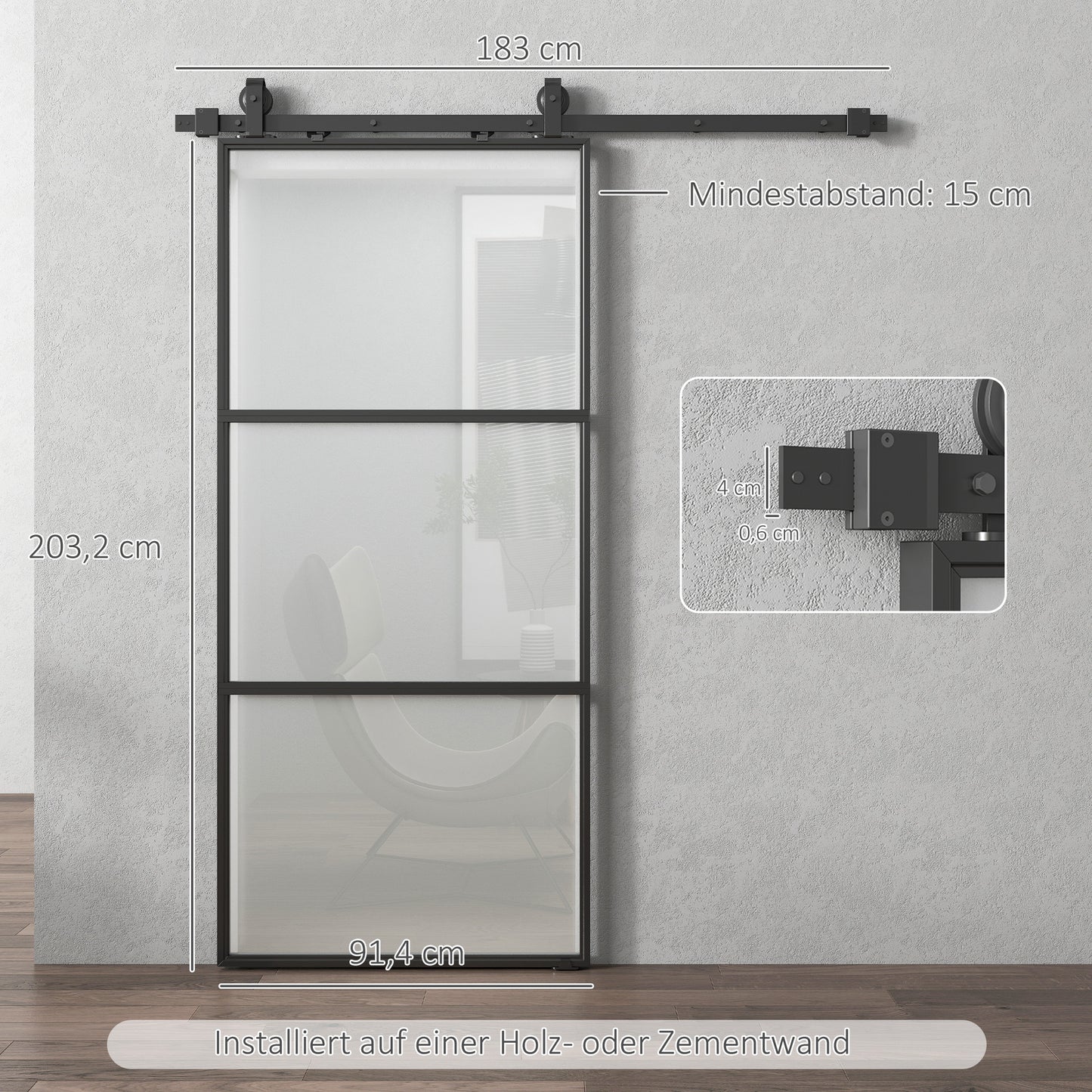 HOMCOM Schiebetür mit Milchglas, Schienensystem, Montagesatz, Soft-Close-Mechanismus, leichter Zusammenbau, Stahl, Schwarz