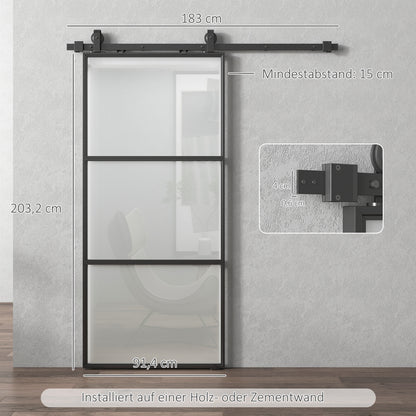 HOMCOM Schiebetür mit Milchglas, Schienensystem, Montagesatz, Soft-Close-Mechanismus, leichter Zusammenbau, Stahl, Schwarz