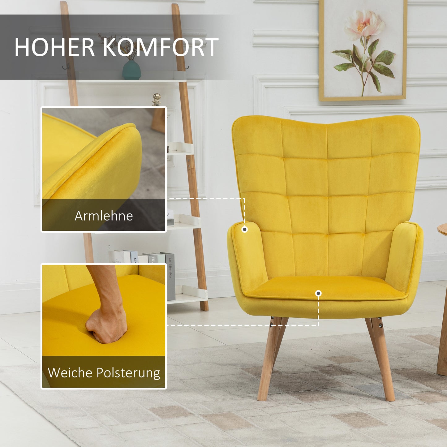 HOMCOM Wohnzimmerstuhl, Einzelsessel mit Rückenlehne, samtartiges Polyester, Schaumstoff, Buchenholz, 71 x 76 x 101 cm, Grau