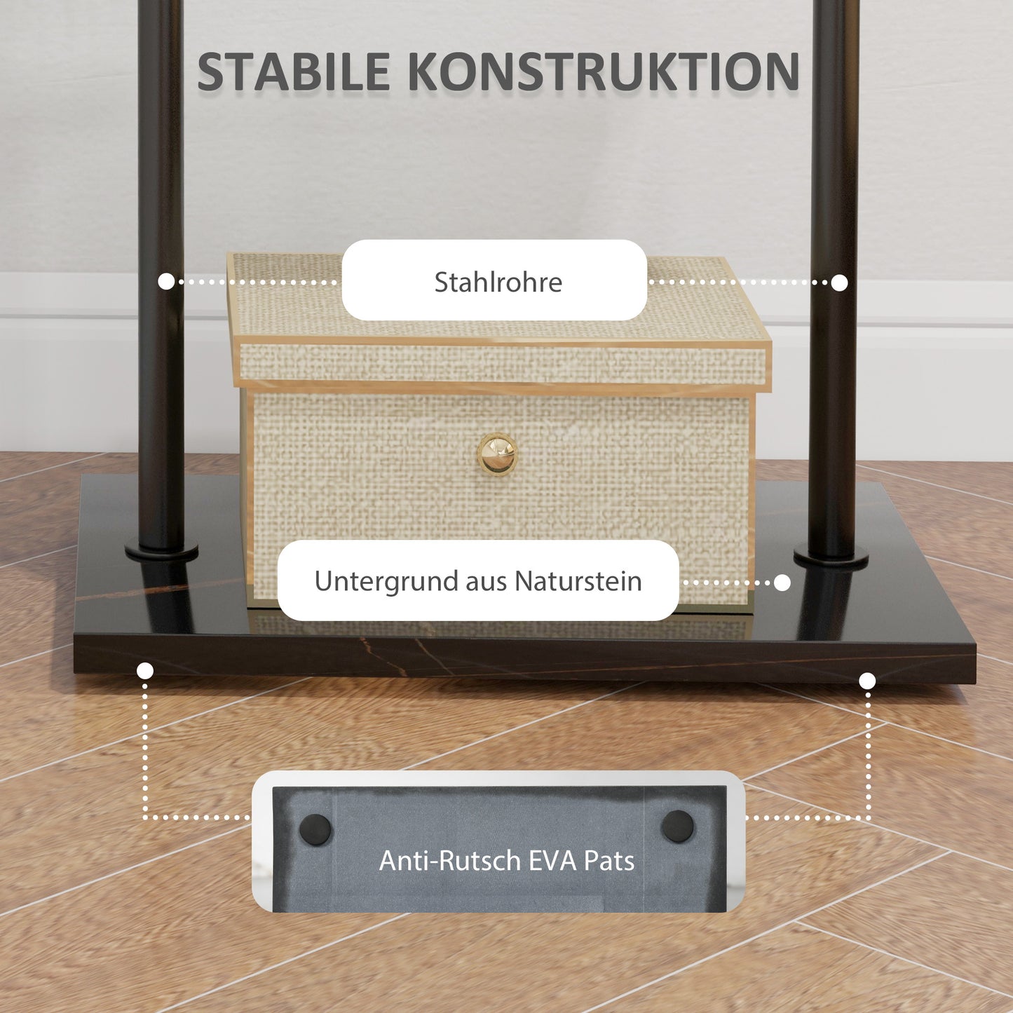 HOMCOM Garderobenständer، Kleiderstange mit Stoppern، 3 Haken، Ablagefach، Kunststeinsockel، شوارتز