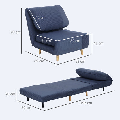 HOMCOM 2-in-1 Schlafsessel Gästebett, verstellbare Kopfstütze Cord-Optik 82 cm x 8 cm x 83 cm Blau