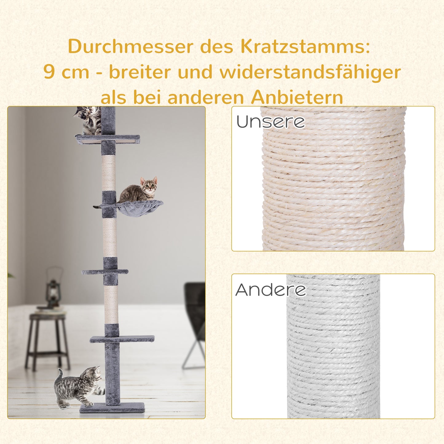 PawHut Kratzbaum Deckenhoch höhenverstellbar, stabiler Katzenbaum mit Sisalsäulen, Katzen Kletterbaum, Grau, 40 x 34 x 230-260 cm