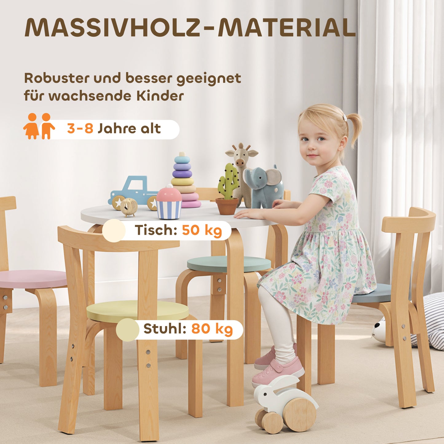 AIYAPLAY 5-teiliges Kindertisch- und Stuhlset, leichtes Massivholz, Bunt