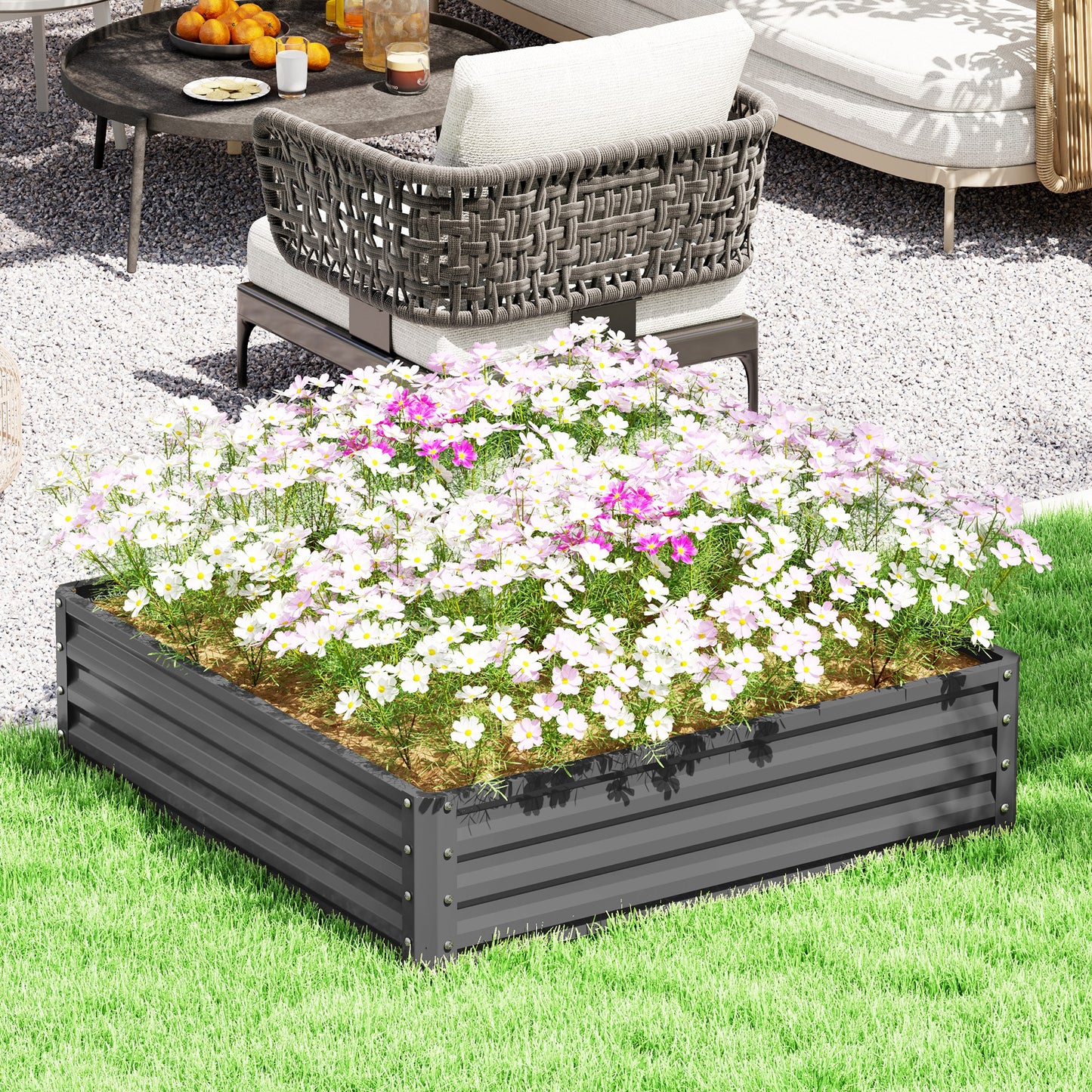 Outsunny Gartenbeet, Pflanzkasten mit Stahlgehäuse, Hellgrau, 120 x 120 x 30 cm