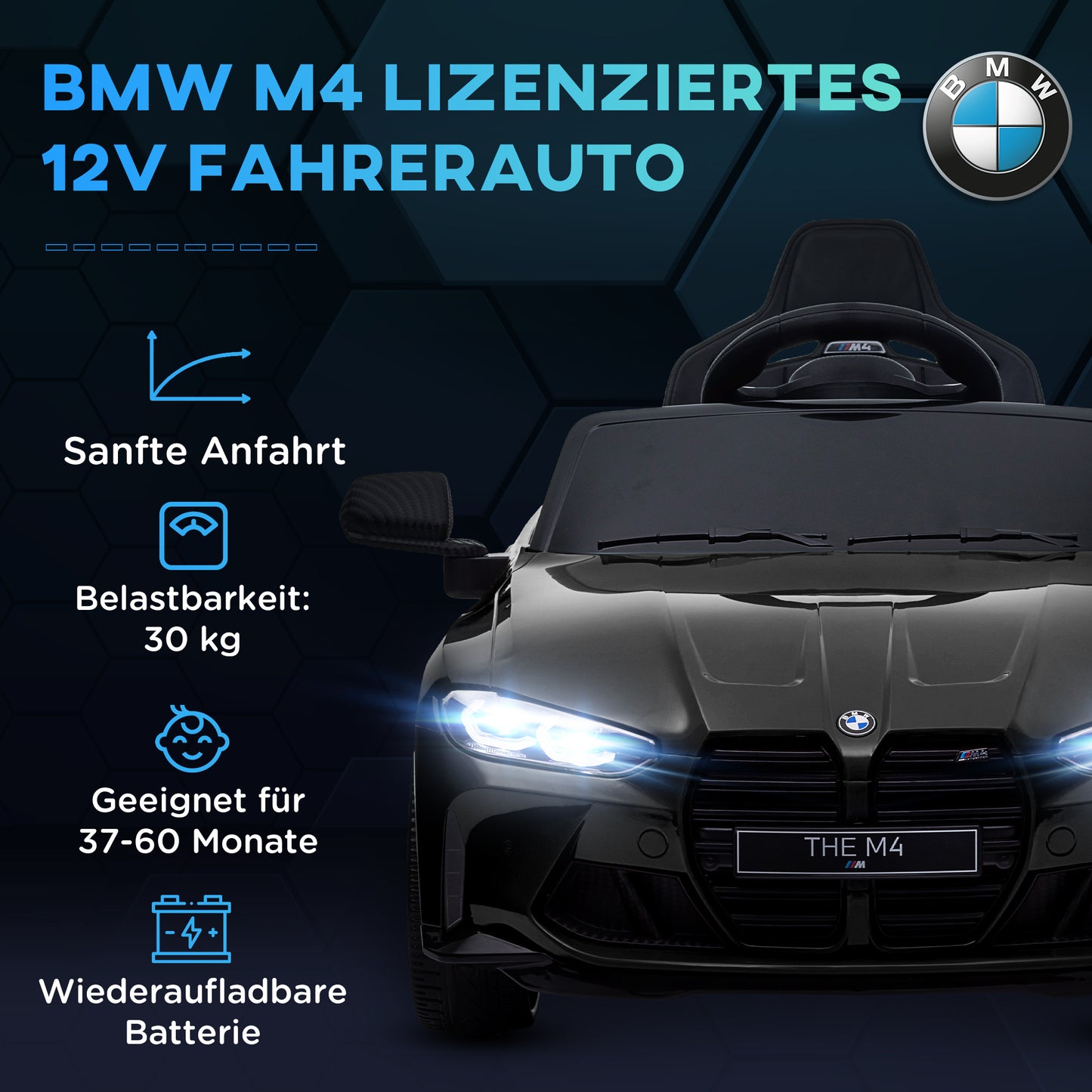 AIYAPLAY Elektro Kinderauto BMW M4, Sound & Licht, 3-5 km/h, inkl. Fernsteuerung, für 3-5 Jahre, Schwarz