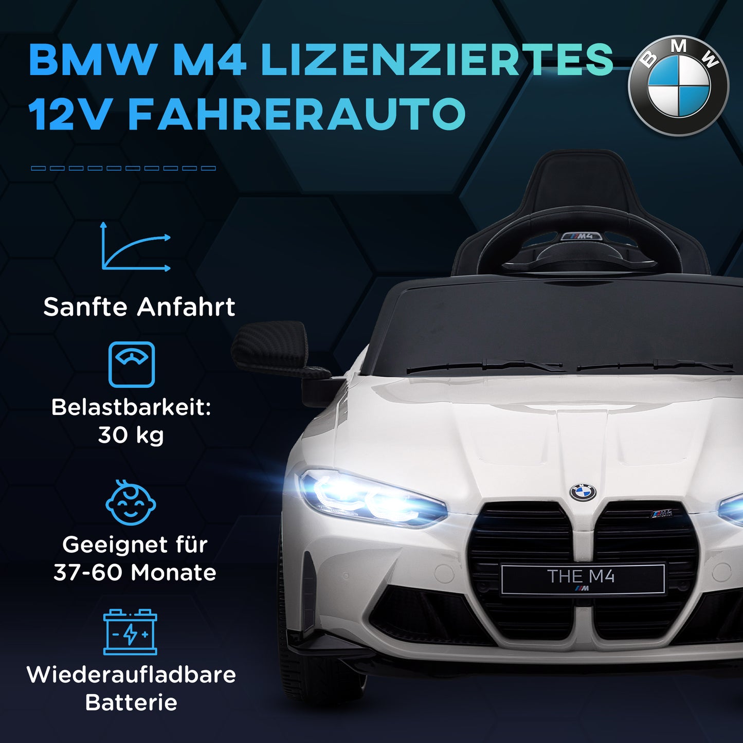 AIYAPLAY Elektro Kinderauto BMW M4, Sound & Licht, 3-5 km/h, inkl. Fernsteuerung, für 3-5 Jahre, Weiß