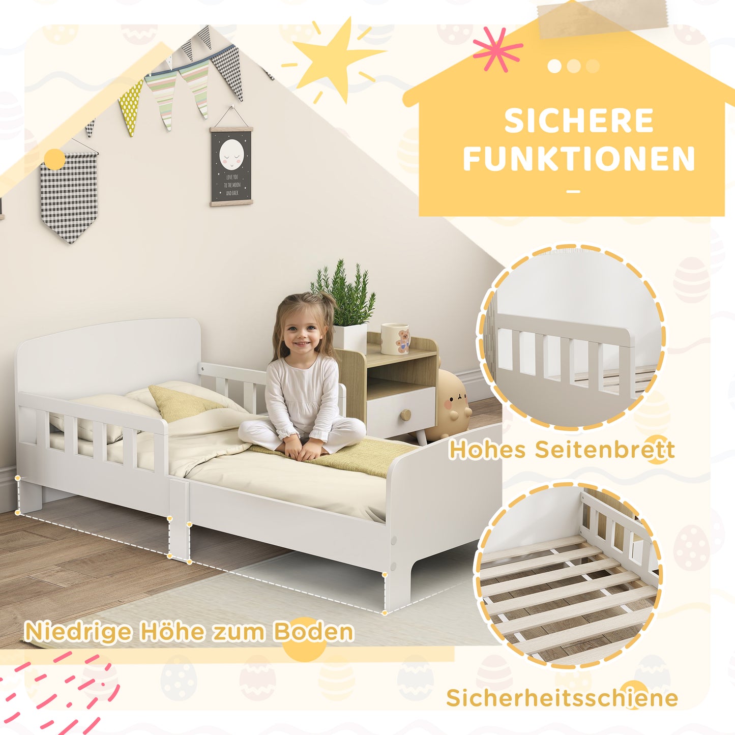 AIYAPLAY Kinderbett mit Sicherheitsschienen, Kleinkinderbett für Kinder im Alter von 3-8 Jahren, MDF, Weiß