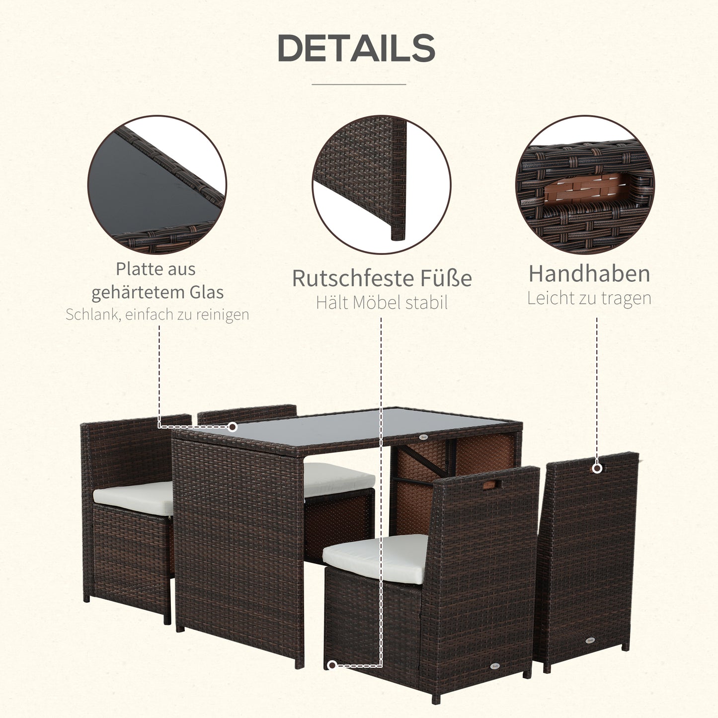 Outsunny 5-teiliges Polyrattan Gartenmöbel-Set, wetterfest Balkonmöbel für 4 Personen Terrassenmöbel mit Tisch 4 Stühle Kissen, Lounge-Set Essgruppe Sitzgruppe für Balkon, Garten, Braun+Khaki