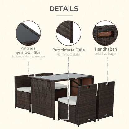 Outsunny 5-teiliges Polyrattan Gartenmöbel-Set, wetterfest Balkonmöbel für 4 Personen Terrassenmöbel mit Tisch 4 Stühle Kissen, Lounge-Set Essgruppe Sitzgruppe für Balkon, Garten, Braun+Khaki