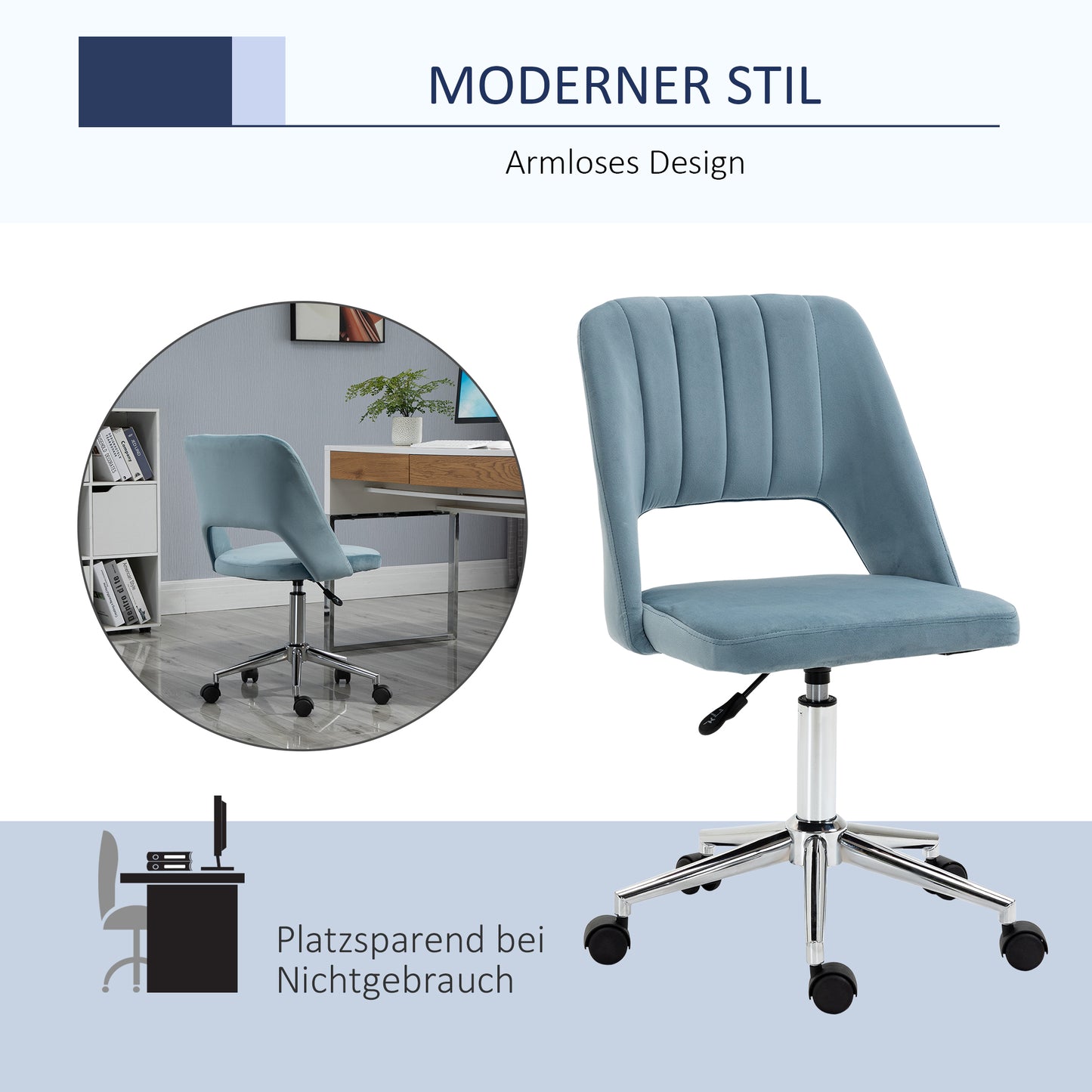 Vinsetto Schreibtischstuhl, Höhenverstellbar Homeoffice Stuhl ohne Armlehne, drehbar Bürostuhl mit Samtoptik, Ergonomisch Schminkstuhl für Schlafzimmer, Arbeitszimmer, Blau