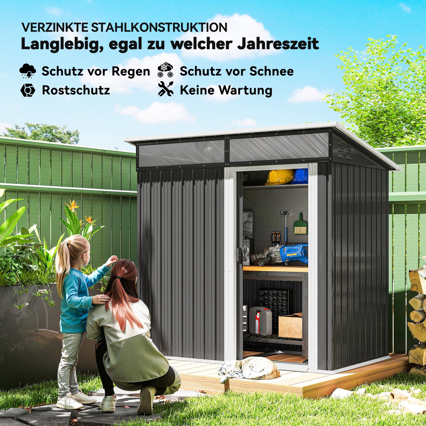 Outsunny Gartenschuppen, Geräteschuppen mit Fenstern, Lüftungsöffnungen, Schiebetür, wasserdichter Stahl, wetterfest, Dunkelgrau