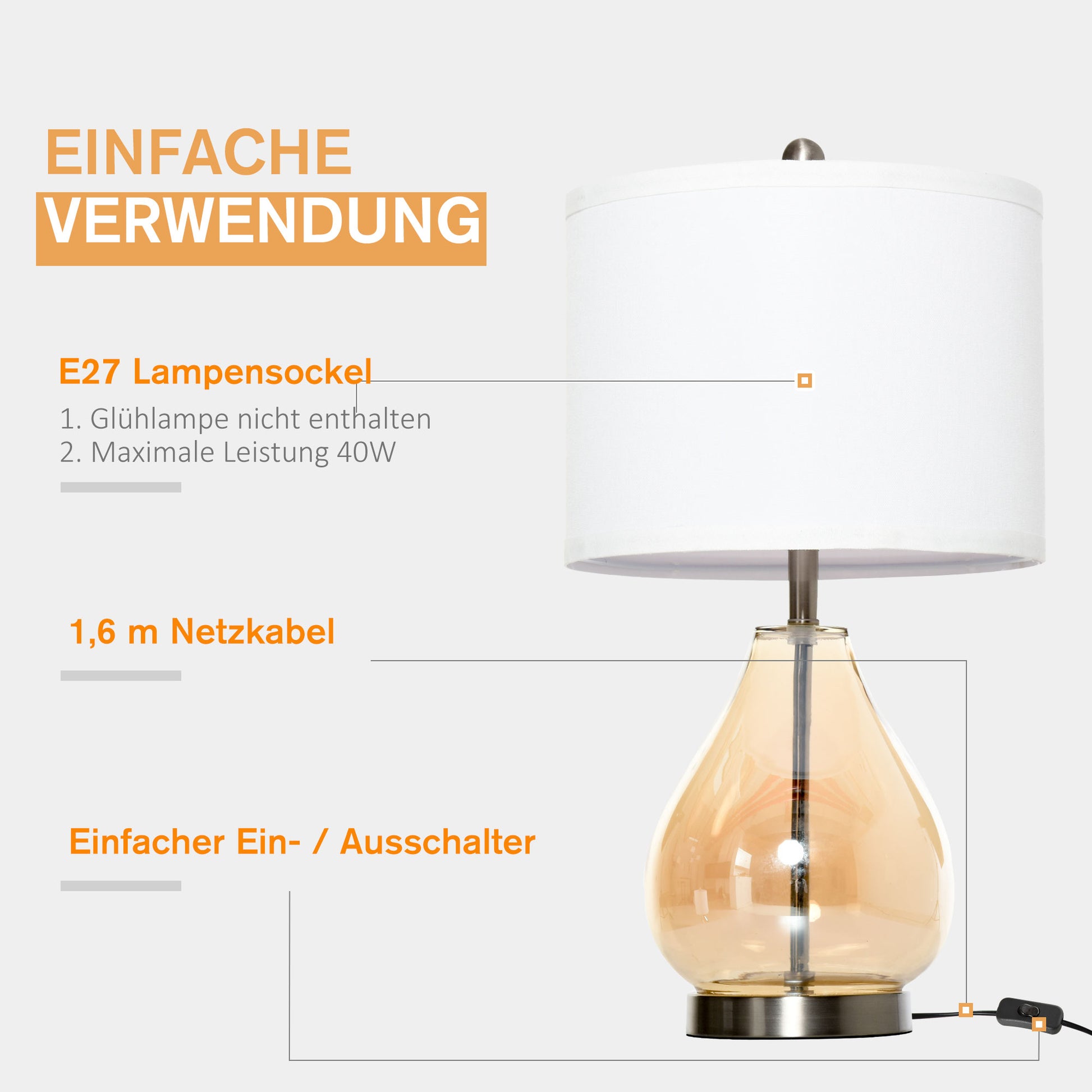 HOMCOM 2-Set Tischlampen Tischleuchten E27-Fassung Nachttischlampe 40 W Glas Leinen Metall Bernstein Ø30 x 56H cm