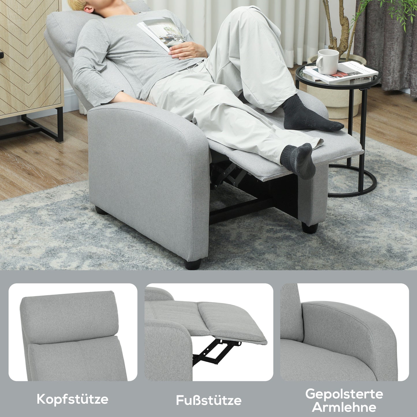 HOMCOM Relaxsessel, verstellbar 135°, ausziehbare Fußstütze, gepolsterte Lehnen, Leinen-Polyester, Hellgrau