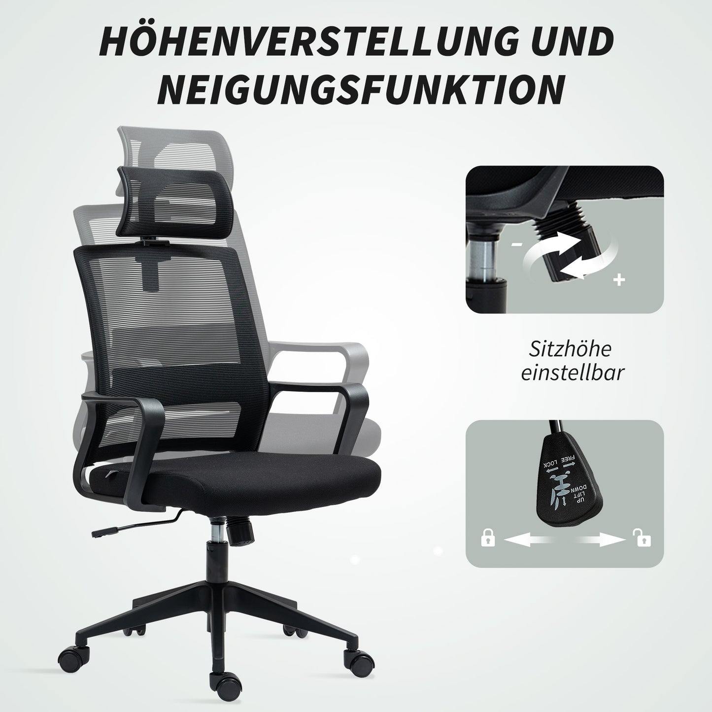 HOMCOM Bürostuhl, Verstellbarer Schreibtischstuhl mit Kopfstütze, Drehstuhl für Homeoffice, Büro, Schwarz