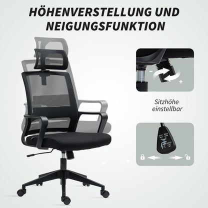 HOMCOM Bürostuhl, Verstellbarer Schreibtischstuhl mit Kopfstütze, Drehstuhl für Homeoffice, Büro, Schwarz