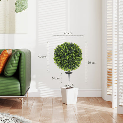 HOMCOM 2er-Set Kunstpflanzen, Künstliche Buchsbaumkugeln mit Bodenpfahl, für drinnen und draußen, UV-beständig, Grün