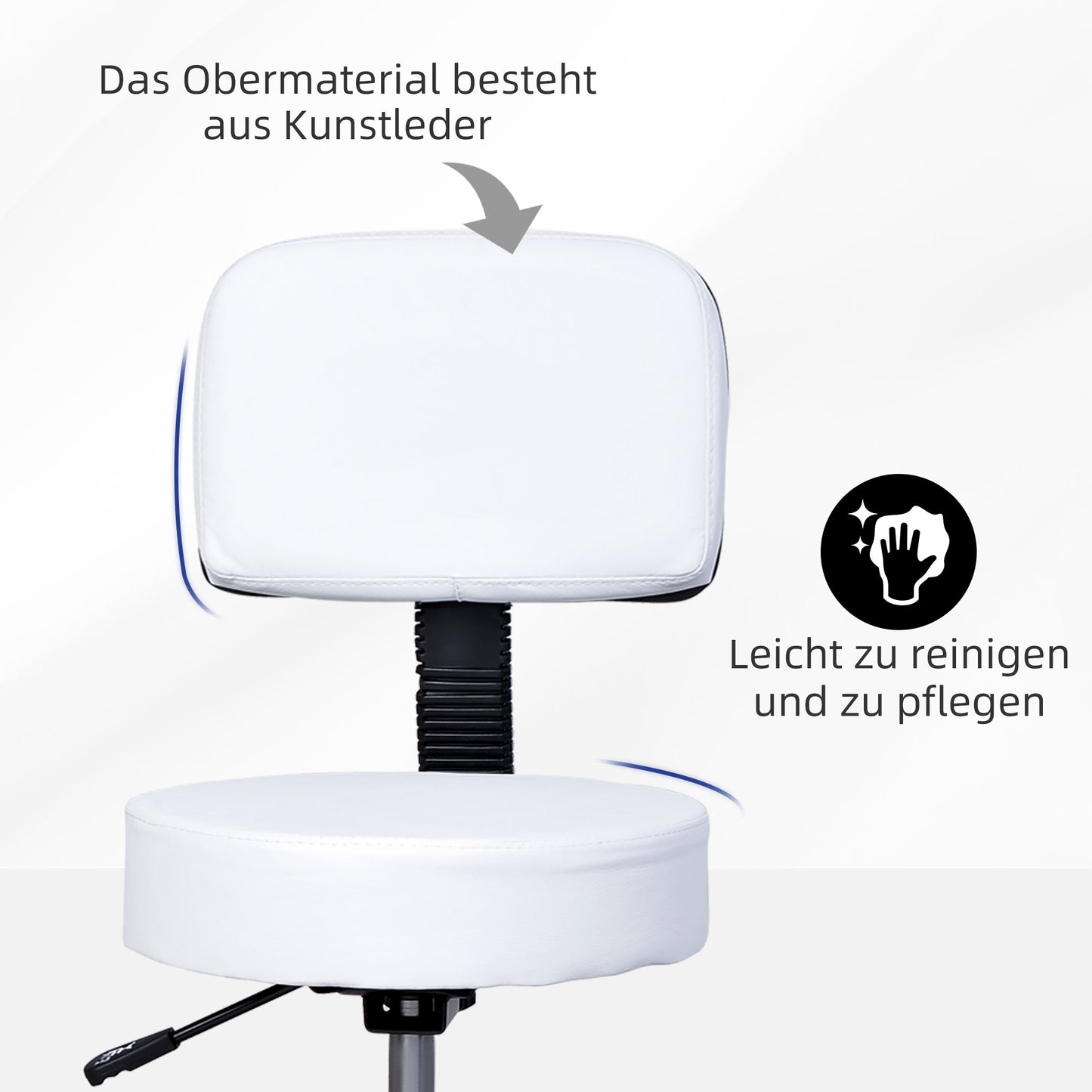 HOMCOM Rollhocker höhenverstellbar mit Rückenlehne Drehhocker 72-84 cm Arbeitshocker 360° drehbar Bürohocker für Büro Salon Massage Spa Weiß