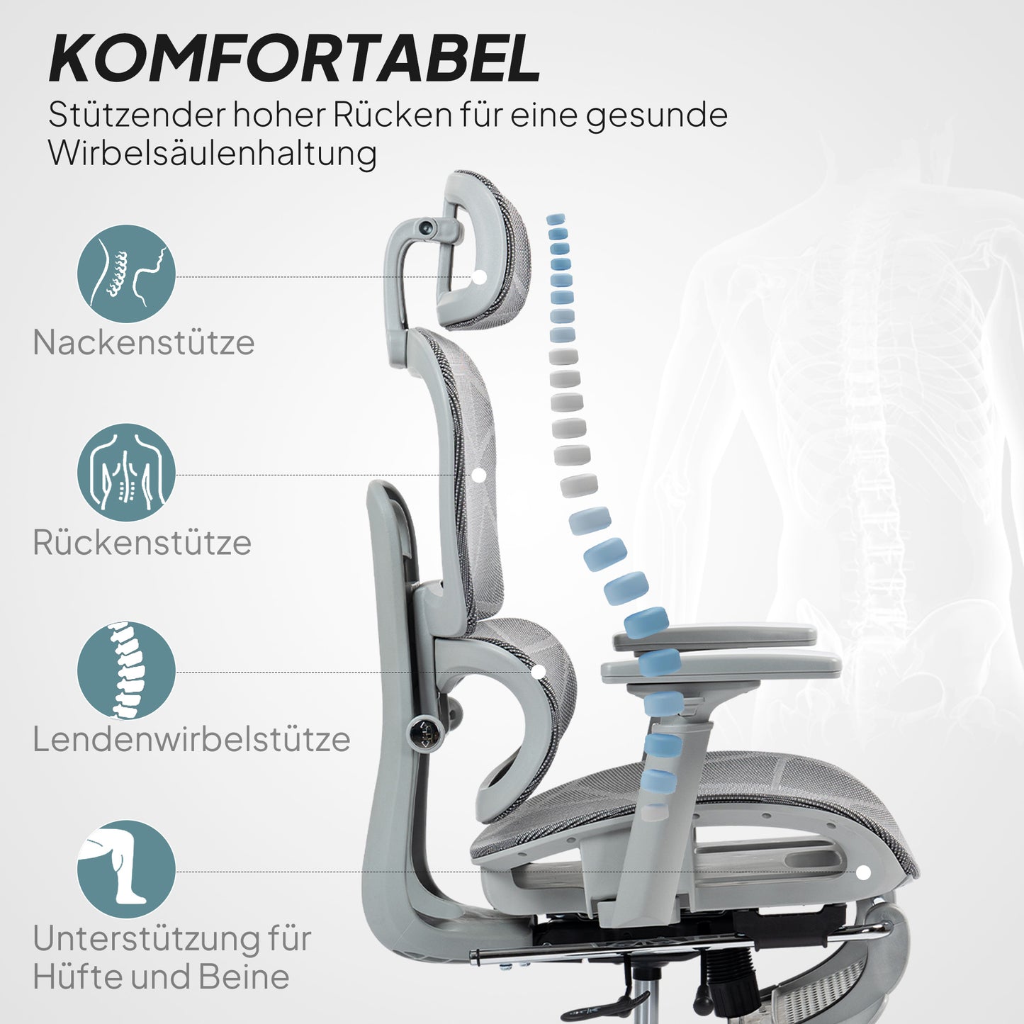HOMCOM Bürostuhl، Ergonomischer Schreibtischstuhl mit Netzstoffbezug، verstellbar، rollbar، mit Armlehnen، Kopfstütze، Grau
