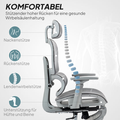 HOMCOM Bürostuhl، Ergonomischer Schreibtischstuhl mit Netzstoffbezug، verstellbar، rollbar، mit Armlehnen، Kopfstütze، Grau