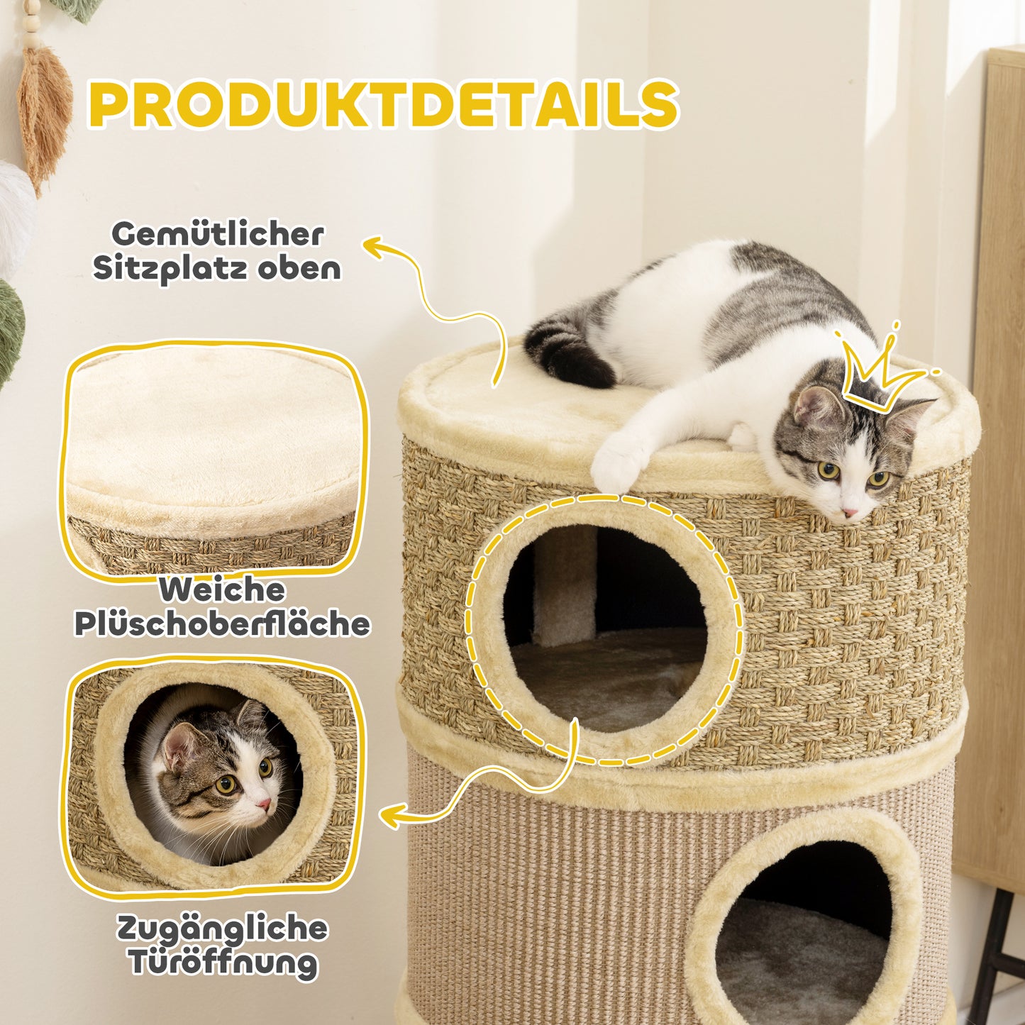 PawHut Kratztonne, 79 cm hoch, Ø45 cm, dreistöckige Katzentonne mit Sisalseil, Katzenhöhle, für große Katzen, Khaki+Braun