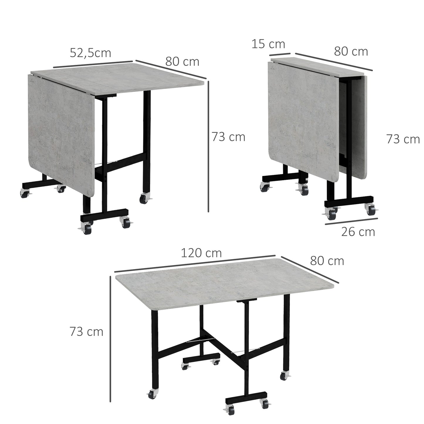 HOMCOM Esstisch für 4-6 Personen, Klapptisch mit Rollen, Stahlgestell, 52,5-120 x 80 x 73 cm, Grau