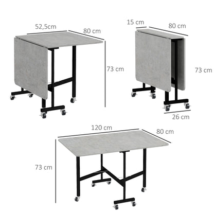 HOMCOM Esstisch für 4-6 Personen, Klapptisch mit Rollen, Stahlgestell, 52,5-120 x 80 x 73 cm, Grau