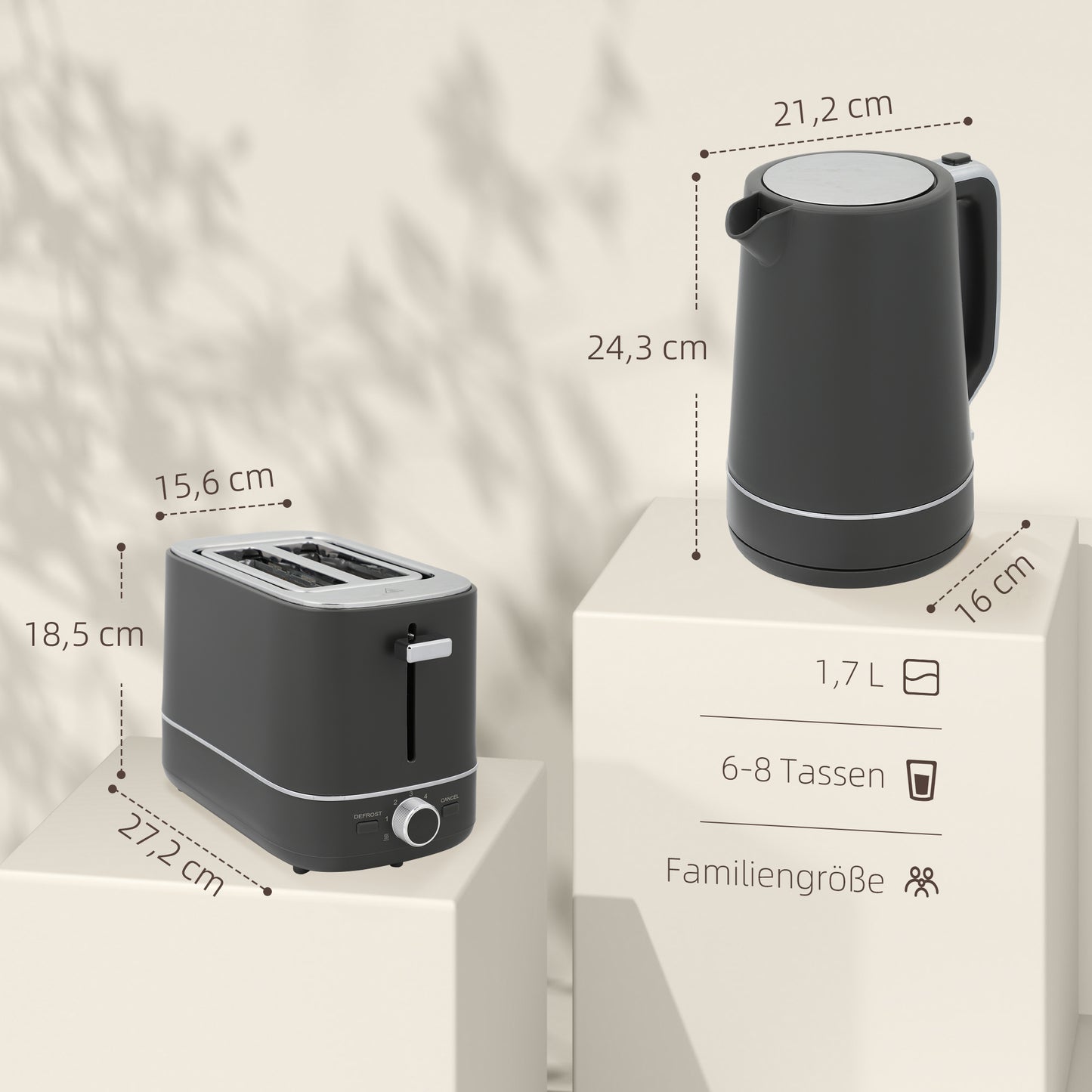 HOMCOM Set aus 1,7 L Wasserkocher und Toaster mit 6 Bräunungsstufen, Grau