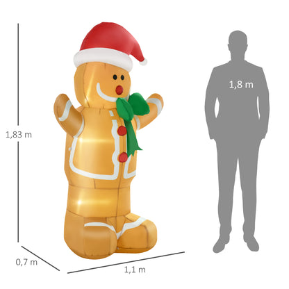 HOMCOM Aufblasbare Weihnachtsdeko 1,83 m Lebkuchenmann mit Schleife, 3 LEDs, internes Gebläse Gartendeko