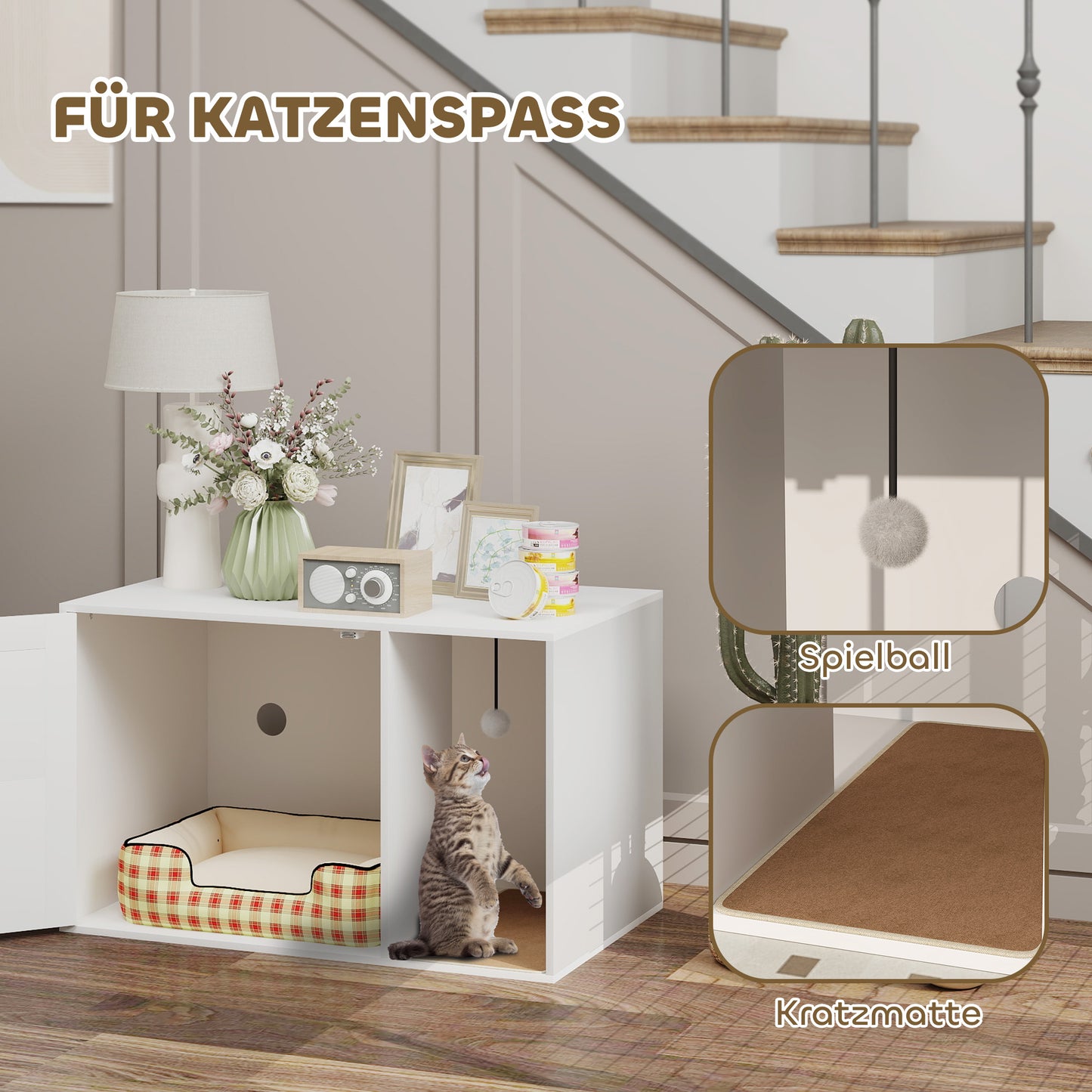PawHut Katzenklo-Gehäuse, stilvoll, mit Kratzmatte, Rattantür, 80 x 50 x 50 cm, Weiß