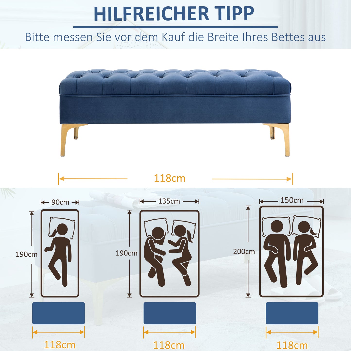 HOMCOM Sitzbank Bettbank Schuhbank mit erhöhten Beine Schlafzimmer Samt Blau