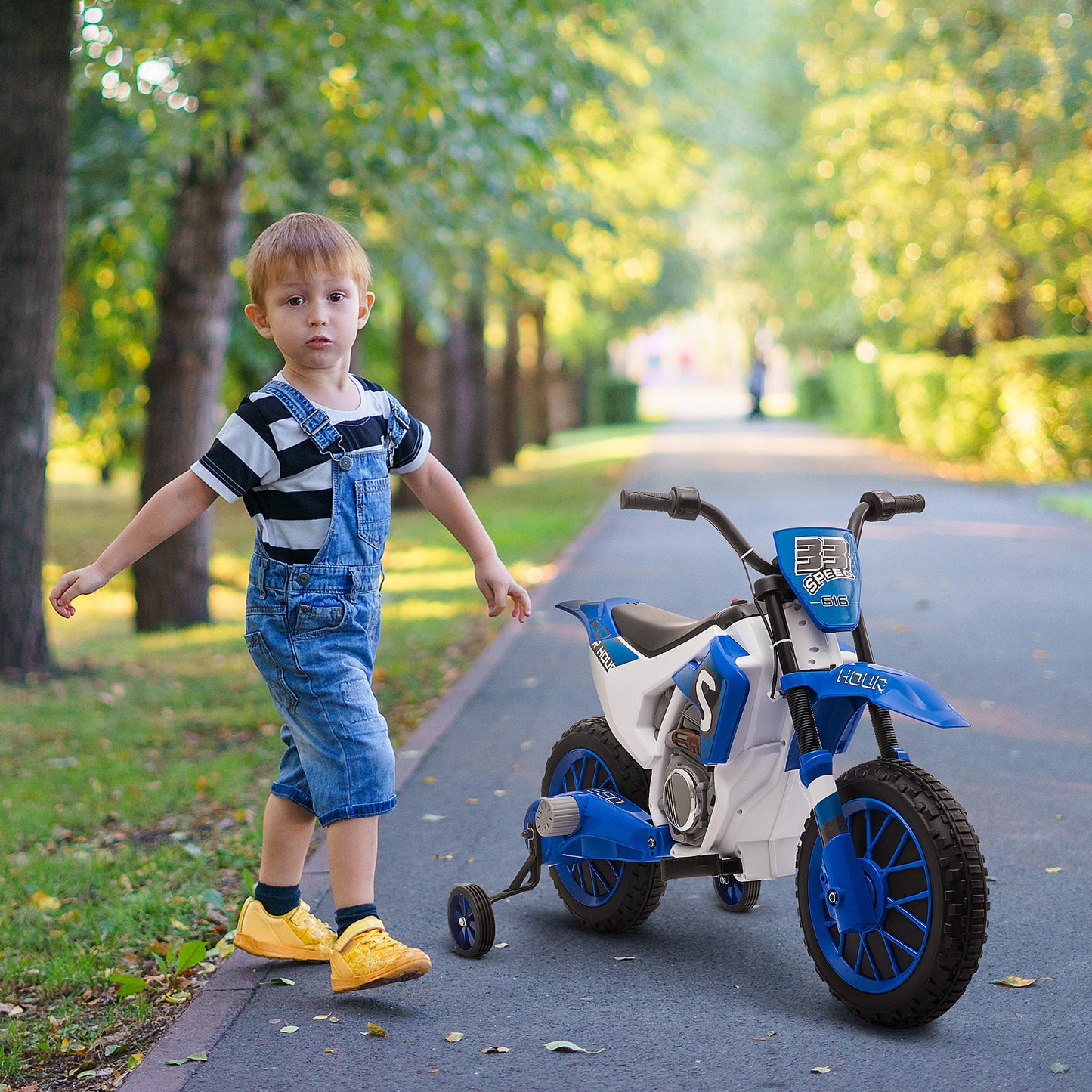 HOMCOM Kindermotorrad, Elektromotorrad, 45 Min Fahrzeit, mit Stützrädern, ab 3 Jahren, blau+weiß, 106,5 x 51,5 x 68cm
